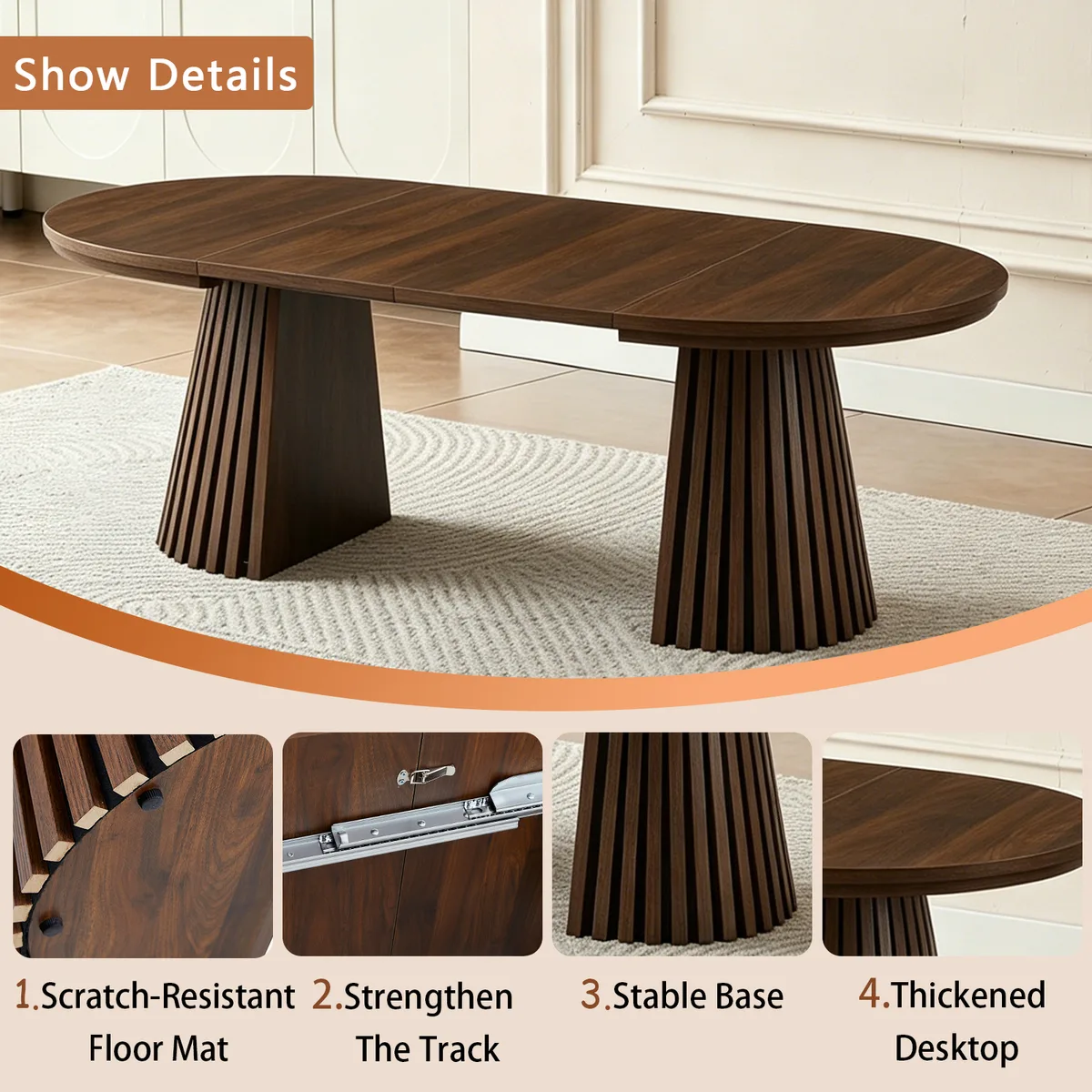 Walnut Oval Extendable Dining Table with Pedestal Base, MDF — view 4