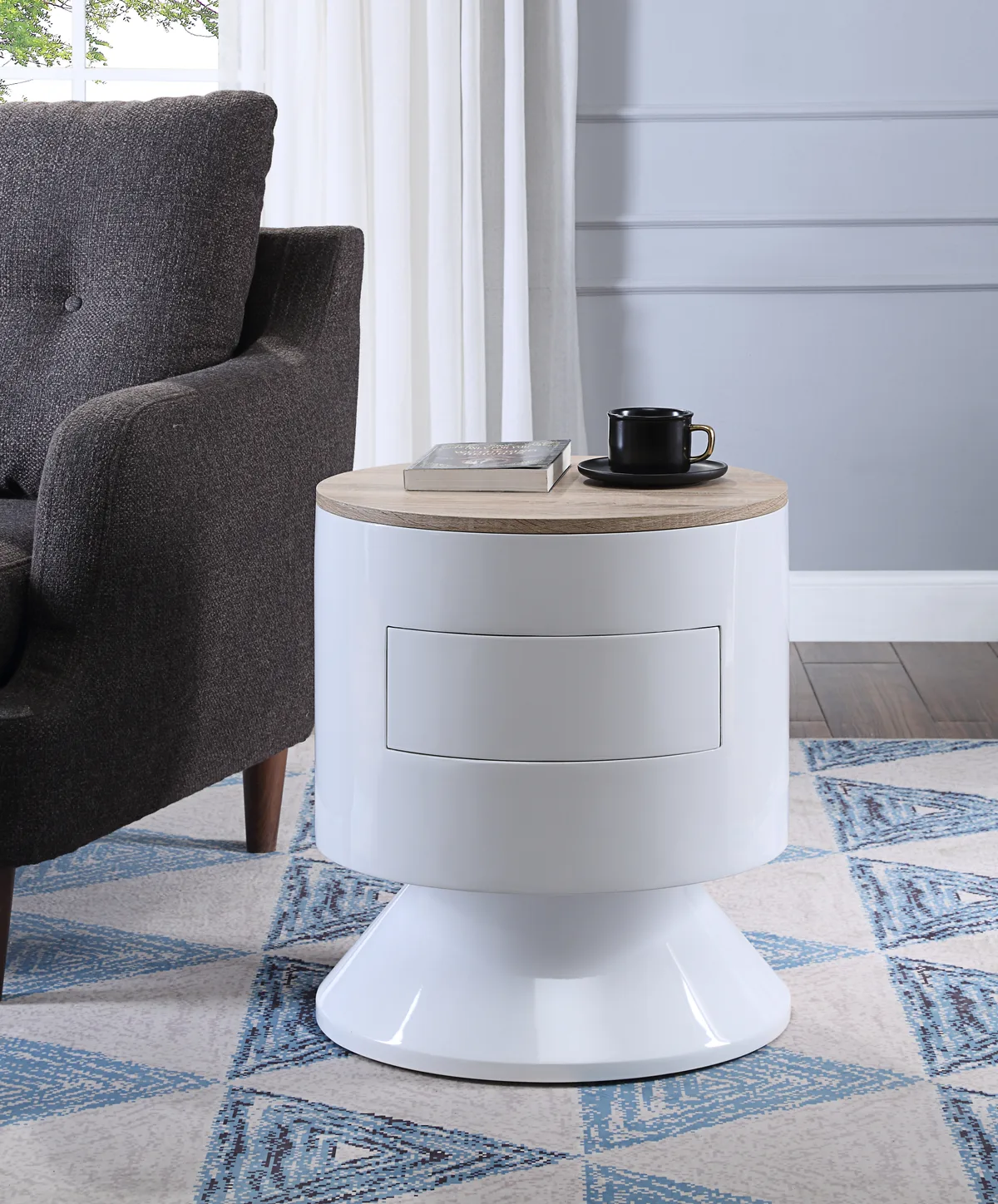 Acme Otith Night Table, White High Gloss Drum Side Table with 1 Drawer, Modern — view 1